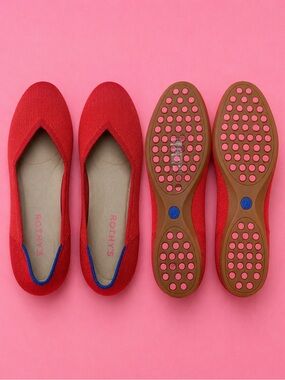 Rothy's Red Pointed Knit Flats with Blue Heel Trim